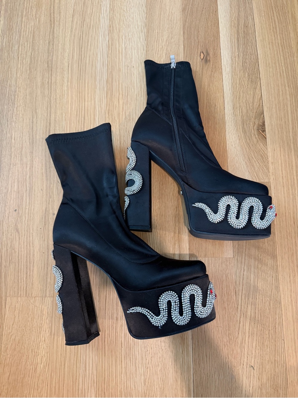Azalea Wang Seline Black Chunky Boots with Rhinestone Snake Accents